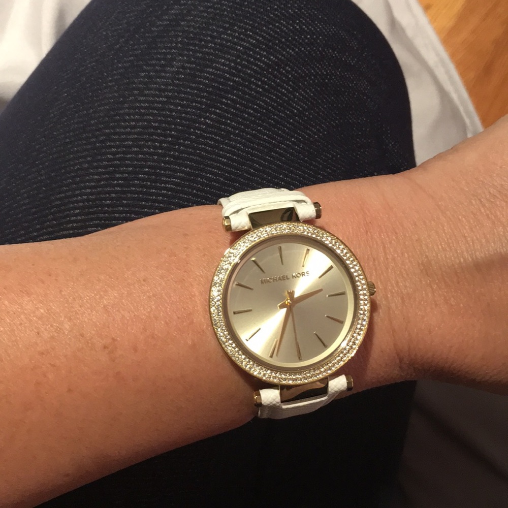 MK white band gold watch